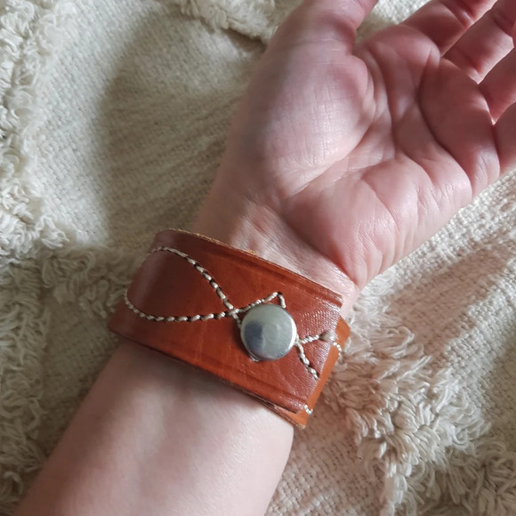 Lue Upcycle Leather Cuff brown western boho stitched detail 8.5” Bracelet - Picture 2 of 4